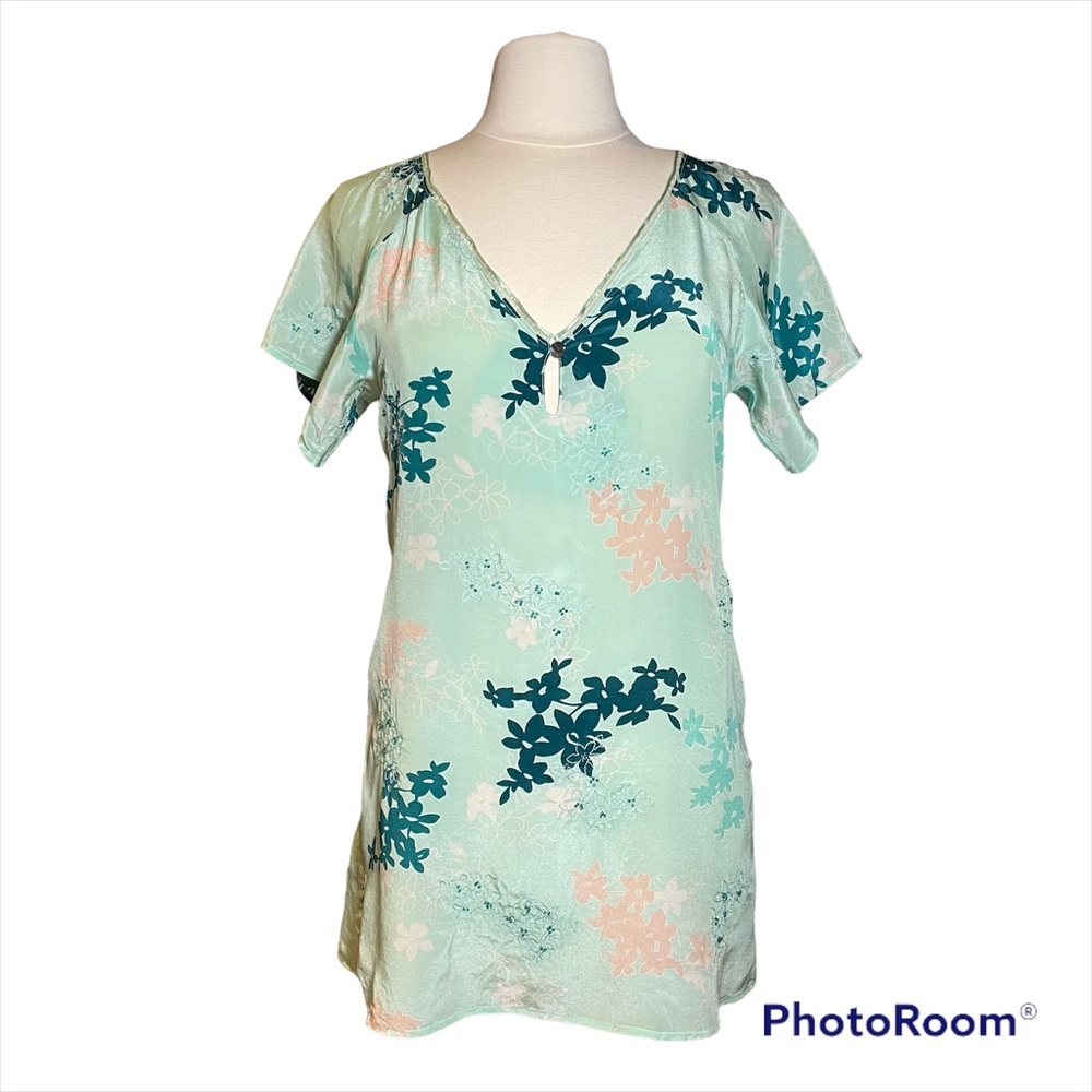 NWOT Calvin Klein mint green floral print with beads silk tunic blouse Size S